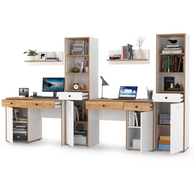 Два письменных стола с открытыми полками Вуди и два пенала для тетрадей и учебников цвет белый премиум/дуб крафт золотой