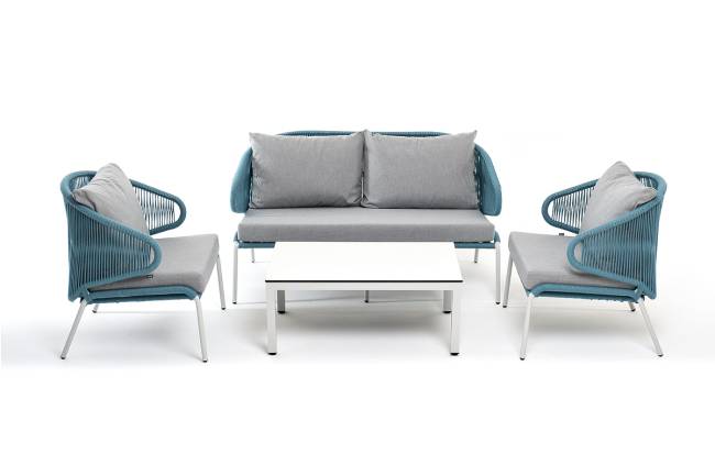 "Милан" лаунж-зона 4-местная плетеная из роупа (веревки), каркас алюминиевый белый, роуп бежевый