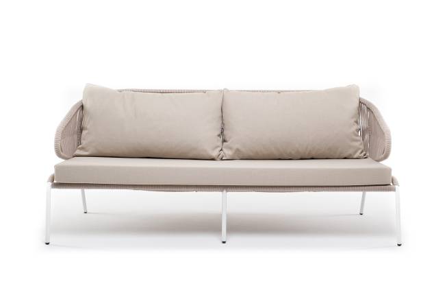 "Милан" диван 3-местный плетеный из роупа, каркас алюминий белый муар, роуп бежевый круглый, ткань бежевая 052