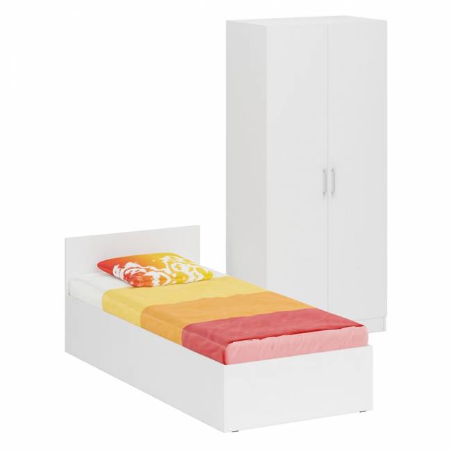 Кровать белая односпальная 900 со шкафом для одежды 2-х створчатым Стандарт цвет белый