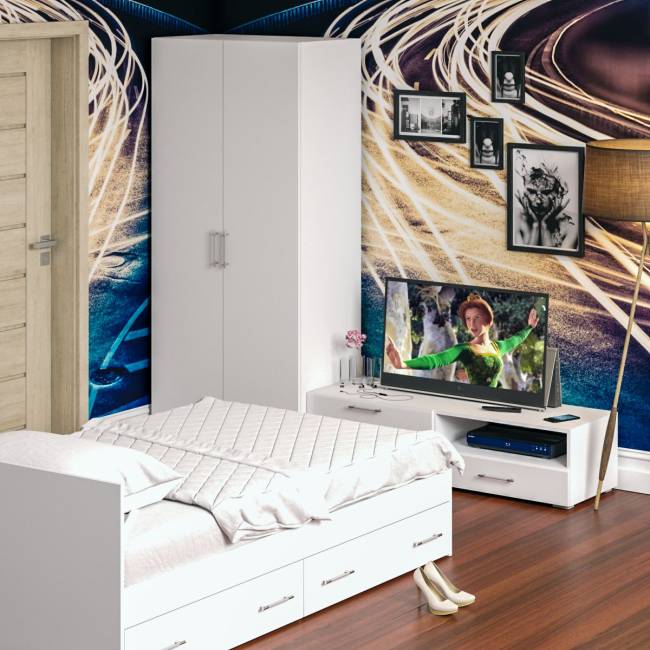 Спальня белая Стандарт № 3 с кроватью 1200 с ящиками цвет белый/фасады ТВ тумбы МДФ белый глянец Спальня белая Стандарт № 3 с кроватью 1200 с ящиками цвет белый/фасады ТВ тумбы МДФ белый глянец