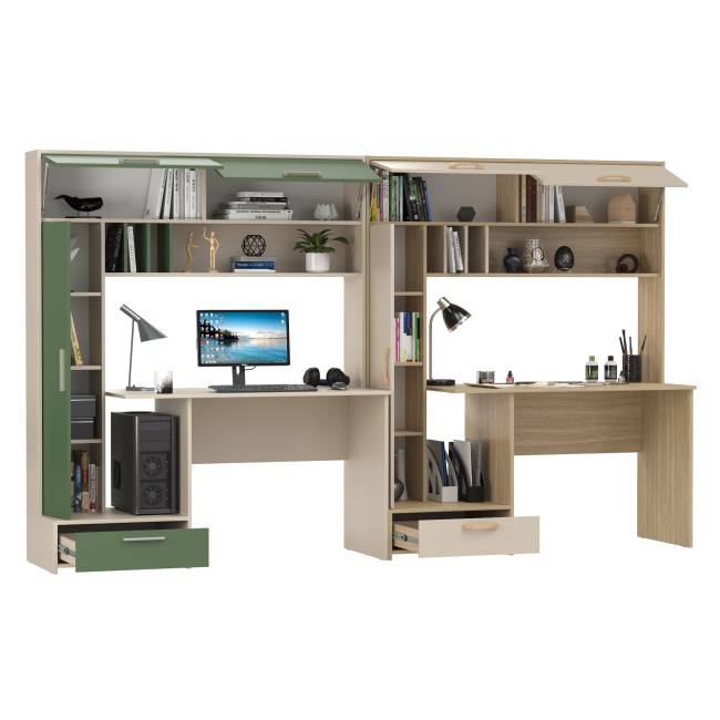 Столы письменные для двоих Лайт 03.243Н цвет сатин/дымчатый зелёный/плэйн/сатин